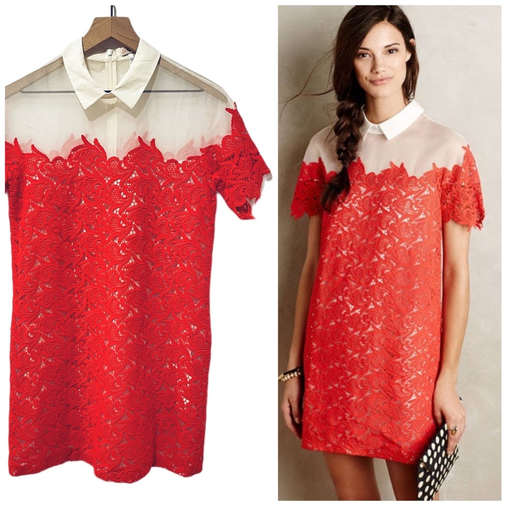 Paul & Joe Red Lace Overlay Midi Dress with White Collar